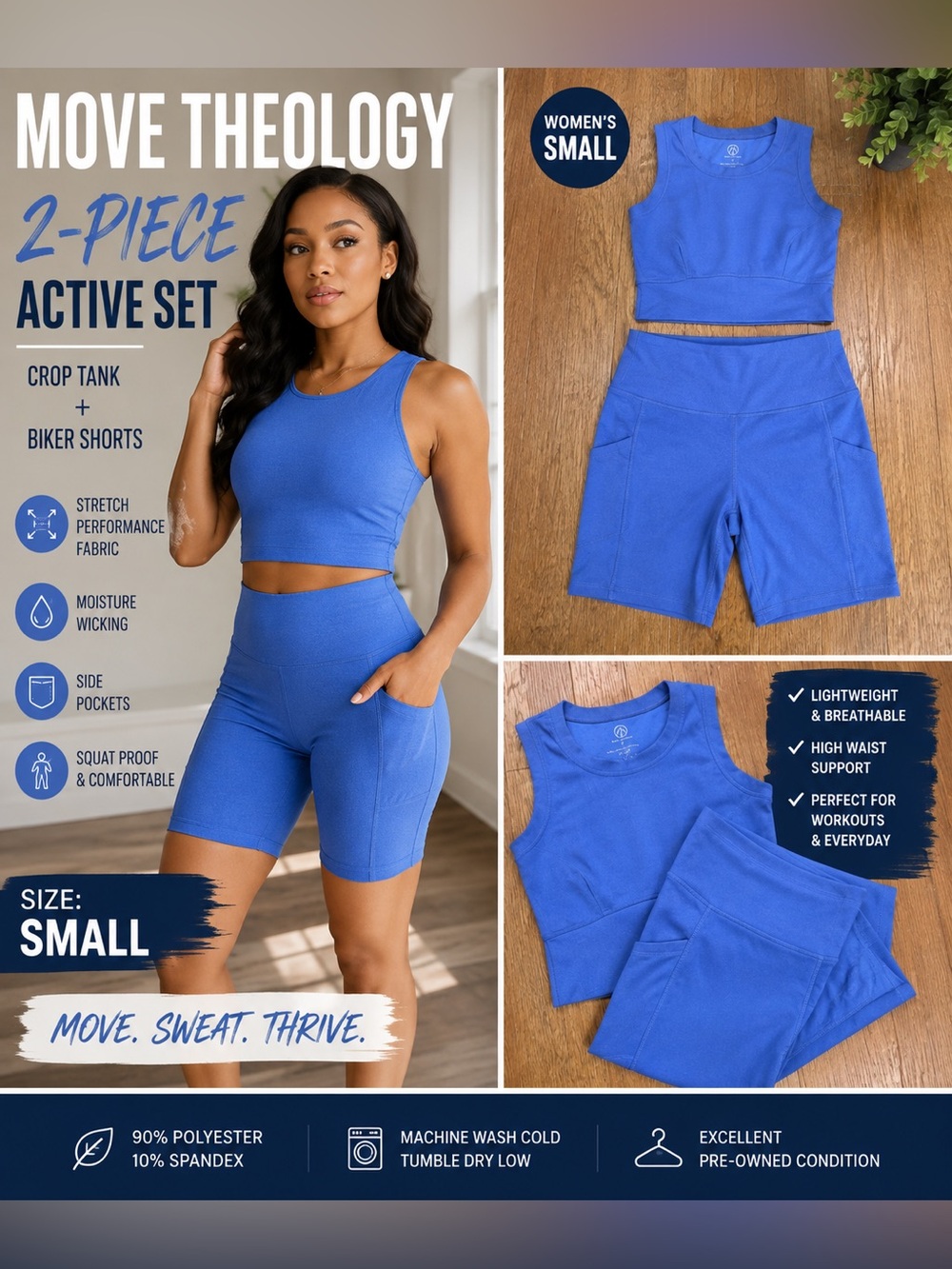 Move Theology 2-Piece Activewear Set | Women’s Small Blue Crop Tank Biker Shorts